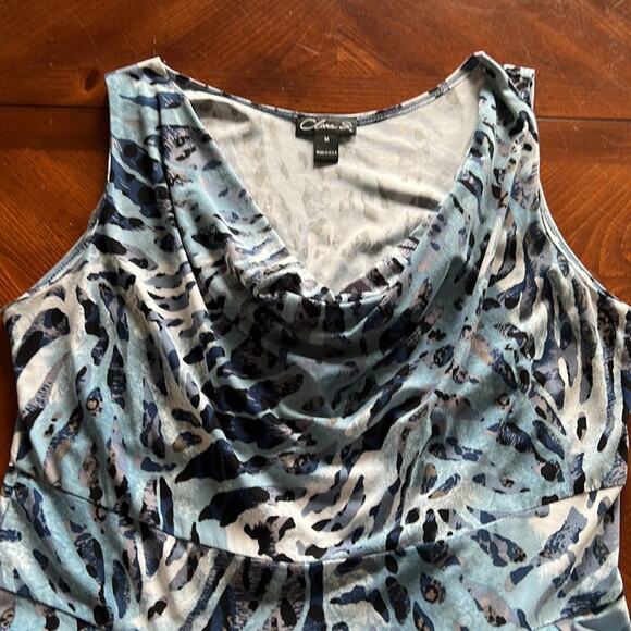 Clara S Blue Animal Print Knit Dress Woman Size Medium Sleeveless Waterfall Neck - Picture 4 of 10
